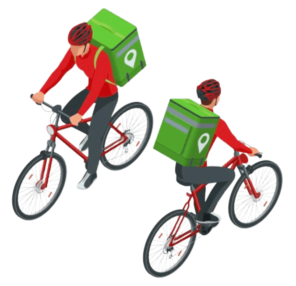 Two riders on a bike with backpack